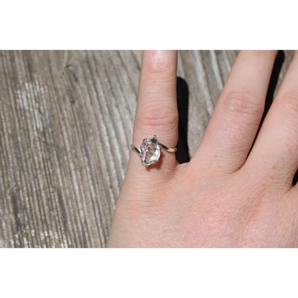 Raw Herkimer Diamond Ring – Natural Quartz Crystal Solitaire – Sterling Silver H